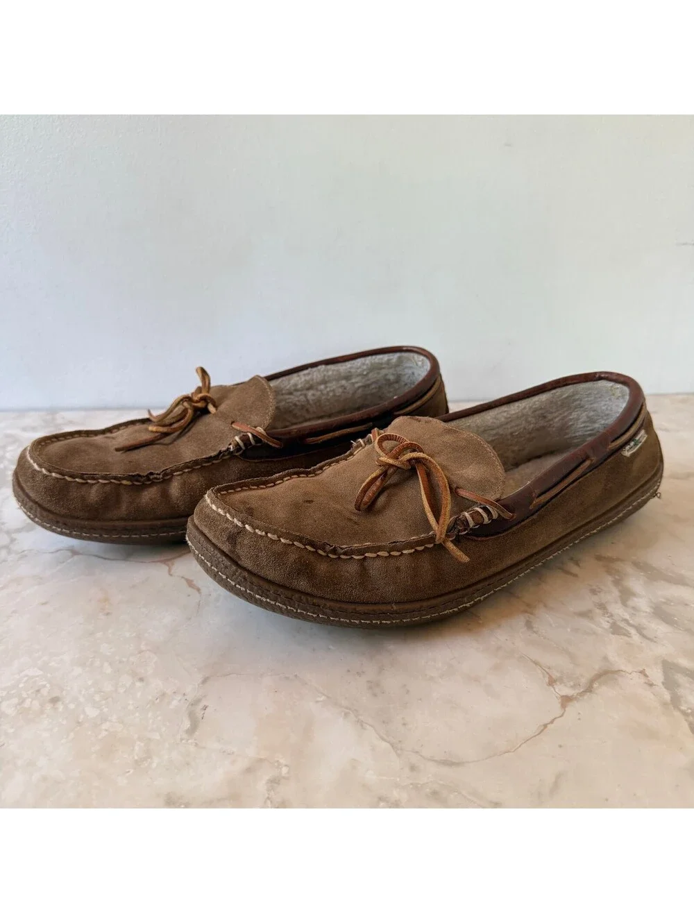 L.L. Bean Brown Suede Moccasin Slippers with Shearling Lining